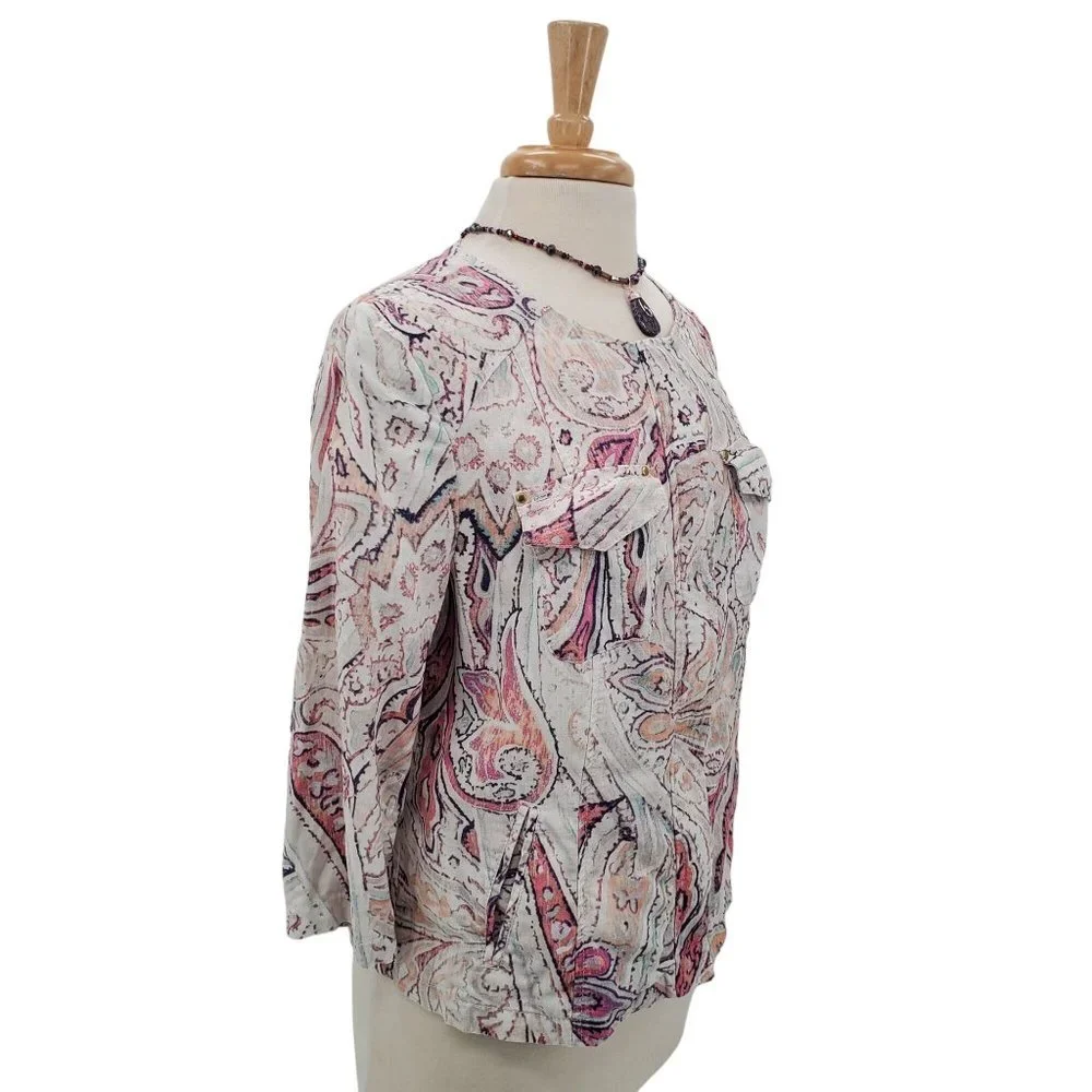 Chico's Womens Paisley Print Zip Up Linen‎ Jacket Size 1 (M) 3/4 Sleeve Career
